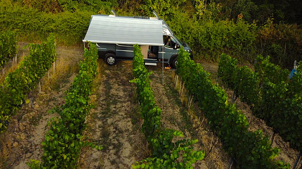 Ruhesucher – der Exot unter den Campern. ein grauer Campervan mit ausgefahrener Markise steht am Rande eines grünen Weinbergs.